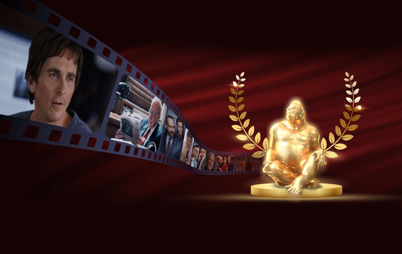 Imagem com fundo vermelho com rolo de filme a esquerda mostrando filmes sobre investimento e estatueta de gorila de ouro a direita.